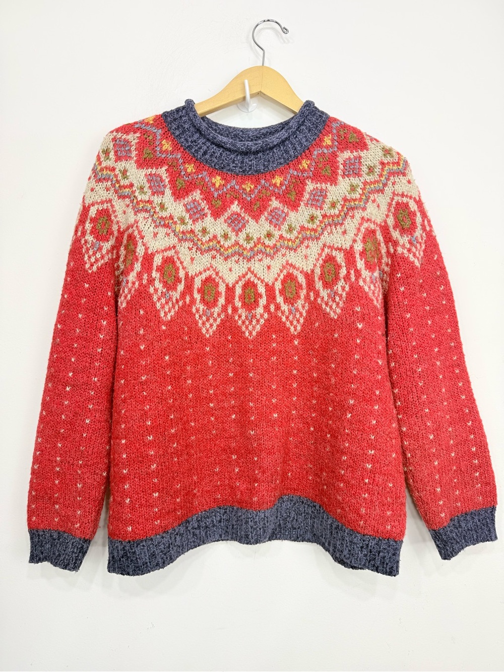 Claudia D Red Blue Taupe Fair Isle Pattern Vintage Pullover Sweater